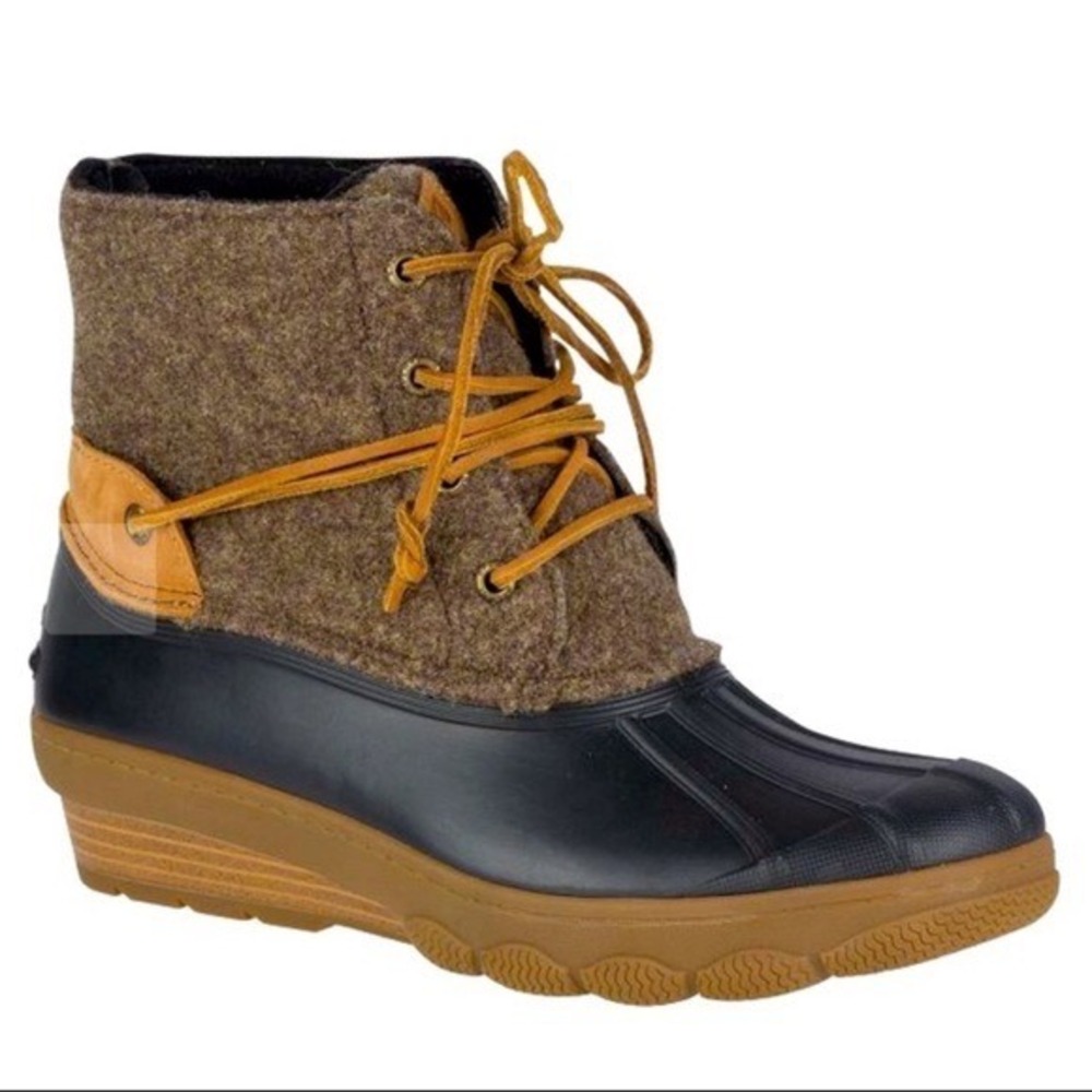 Sperry Top-Sider Saltwater Wedge Wool Duck Boots Brown Black Ankle Rain Boots